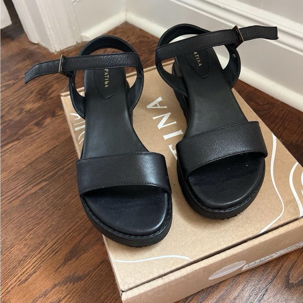 Portland leather Patina Black Leather Platform soho wedge Sandals - Women 8.5 - Picture 2 of 4